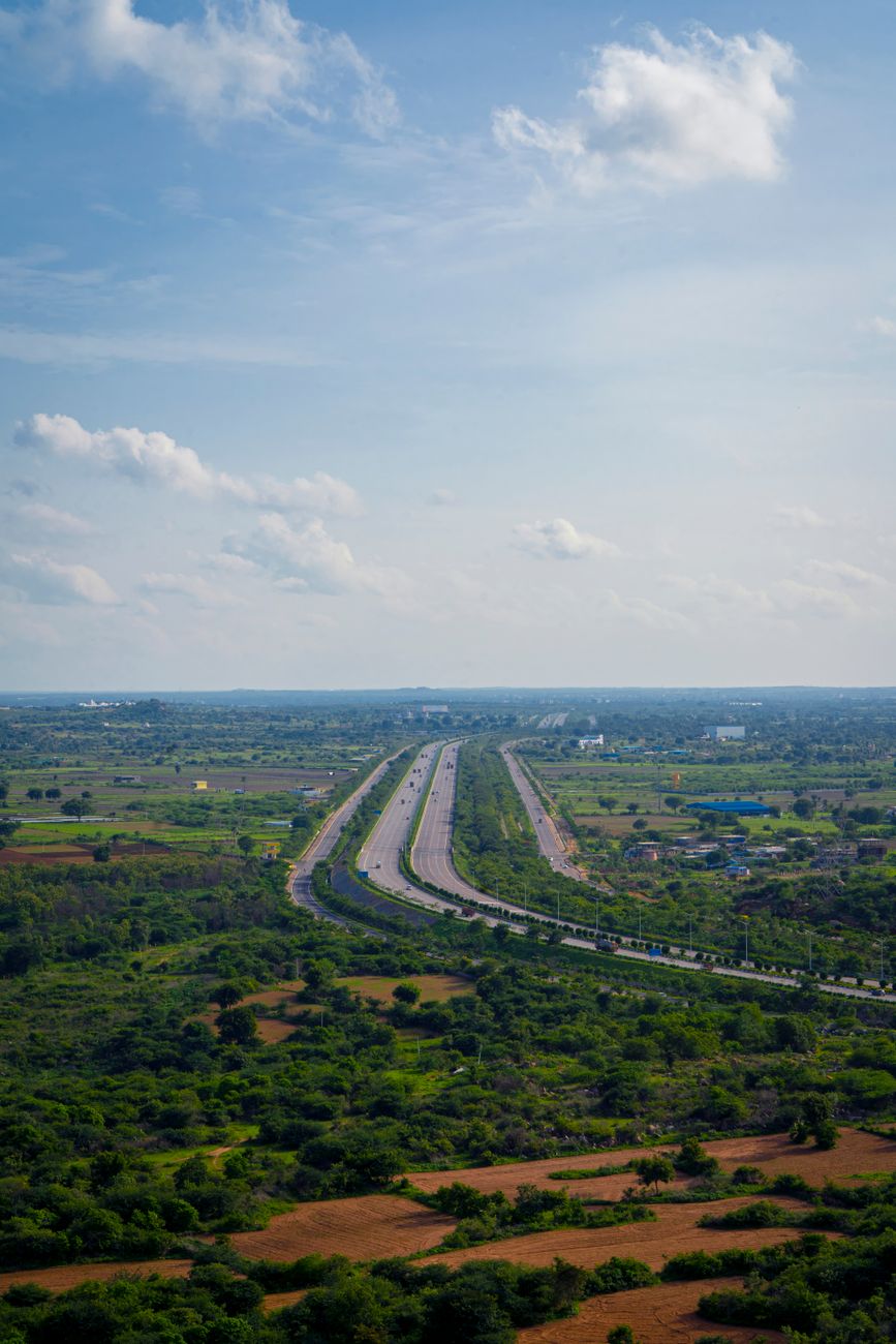 aerial view of fields and road